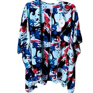 As Rose Rich Patterned Fringe Kimono Wrap Swim Cover Up Womens Small Blue NWT